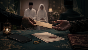 Ilustrasi bisnis nikah siri: penyerahan amplop di depan pasangan pengantin, dengan dokumen dan cincin di atas meja.