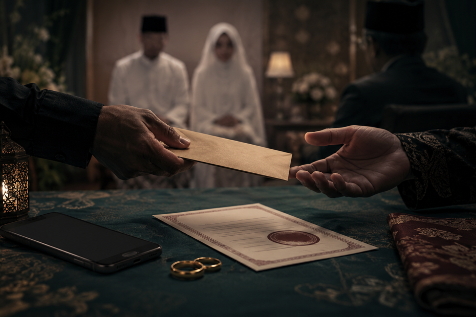 Ilustrasi bisnis nikah siri: penyerahan amplop di depan pasangan pengantin, dengan dokumen dan cincin di atas meja.
